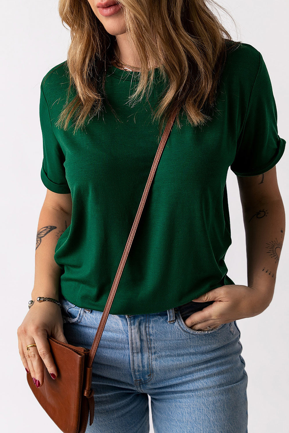 Green Solid Color Crew Neck Tee