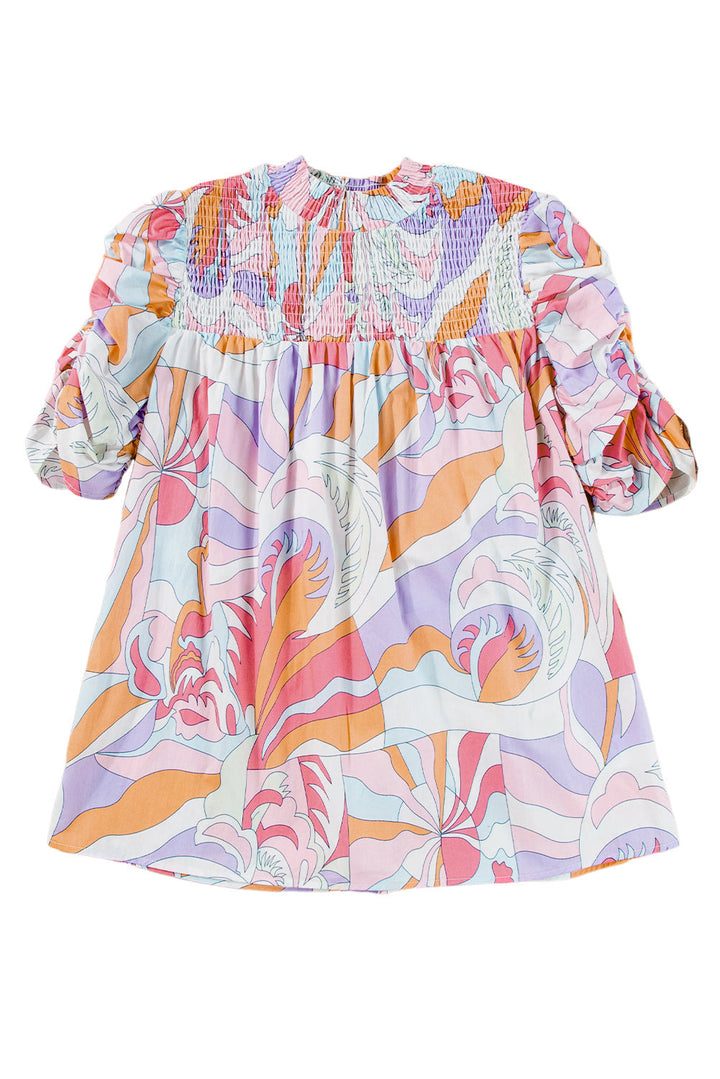 Abstract Print Bubble Sleeve Smock Detail Blouse