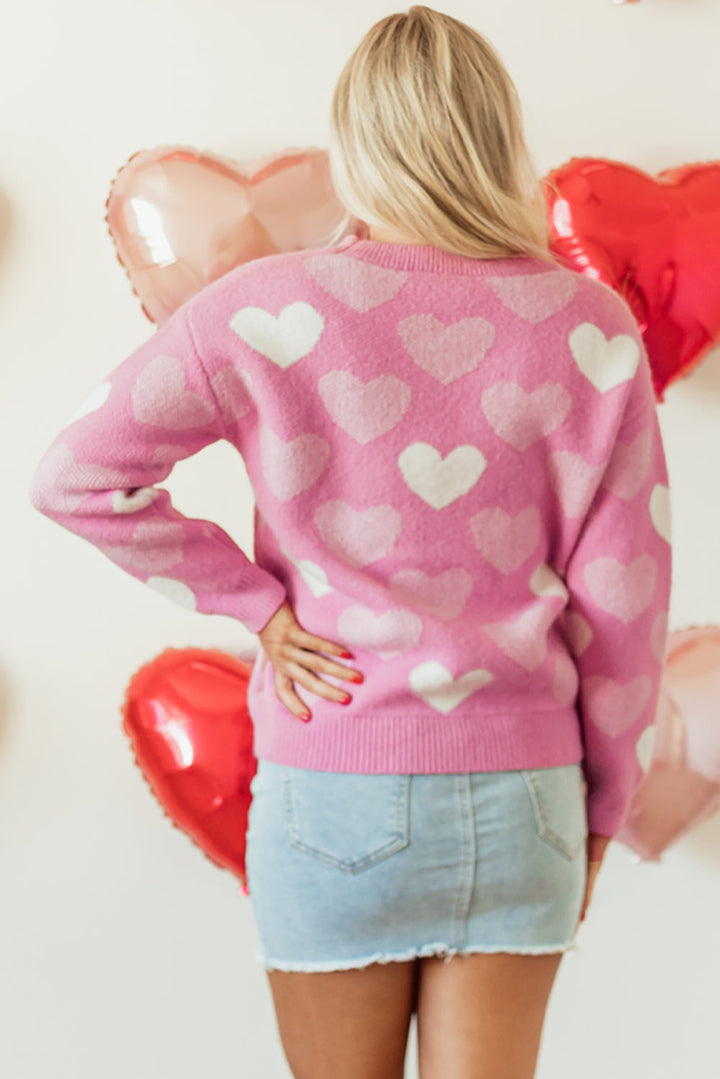 Pearled Heart Print Valentines Crew Neck Sweater