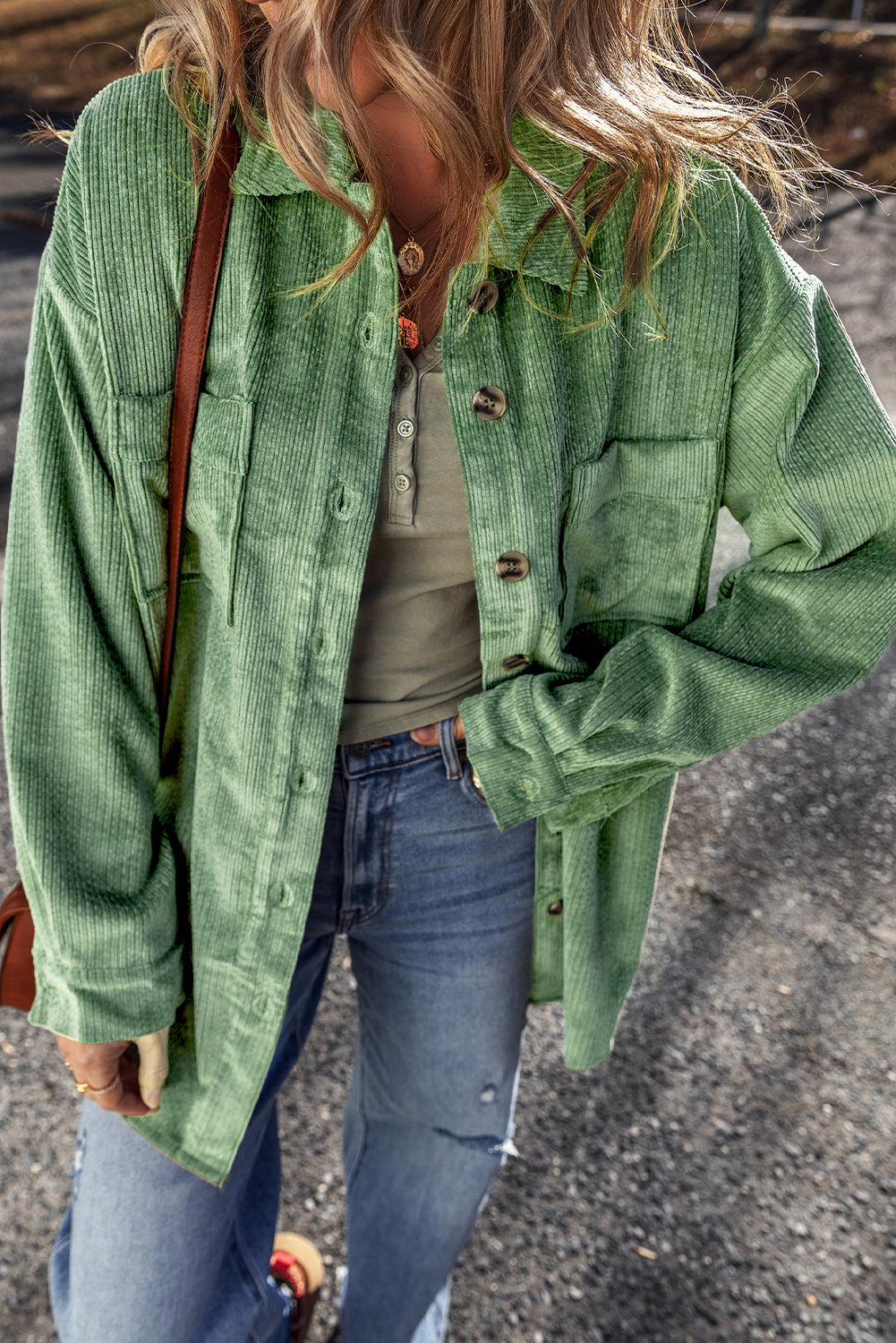 Patched Pocket Button Up Corduroy Shacket