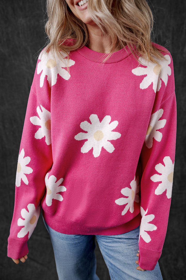 Daisy Flower Crew Neck Long Sleeve Sweater