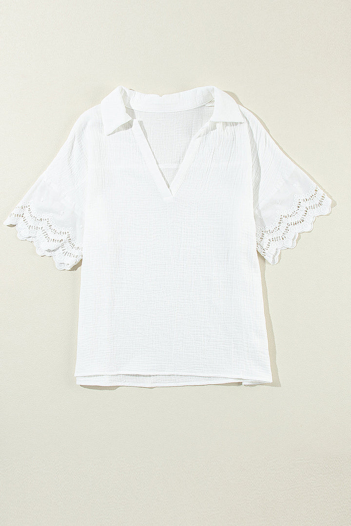 Crinkled Lace Splicing Sleeve Collared V Neck Blouse