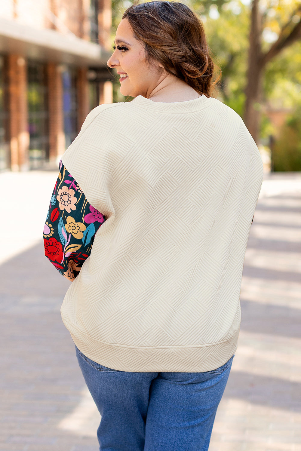 Floral Patchwork Sleeve Textured Plus Size Pullover Top