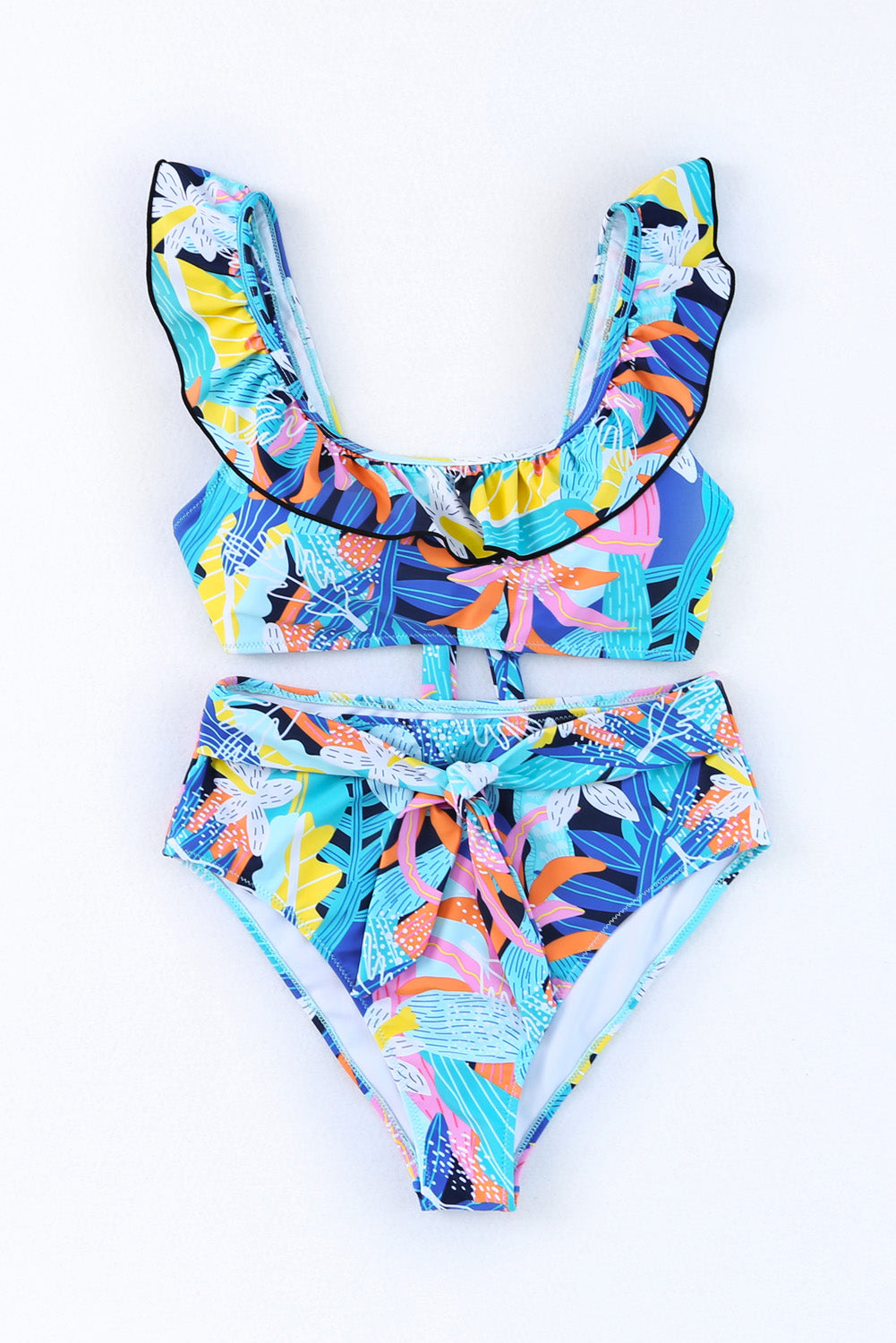 Tropical Print Ruffled Square Neck Tie High Waist Swimsuit