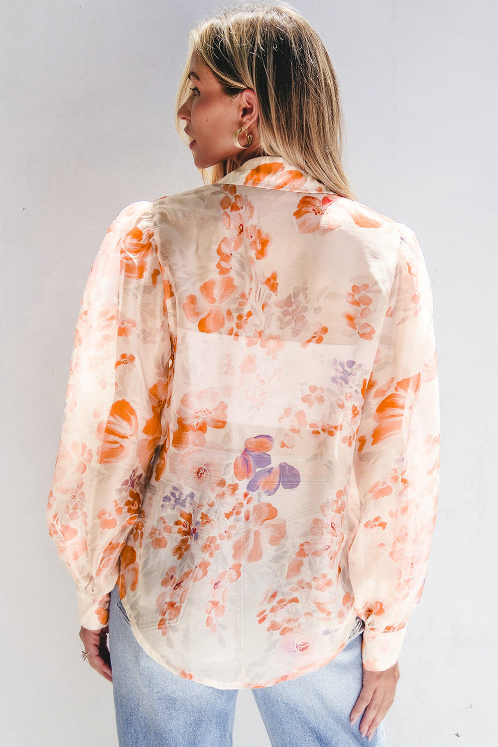 Floral Print Collared Balloon Sleeve Loose Shirt