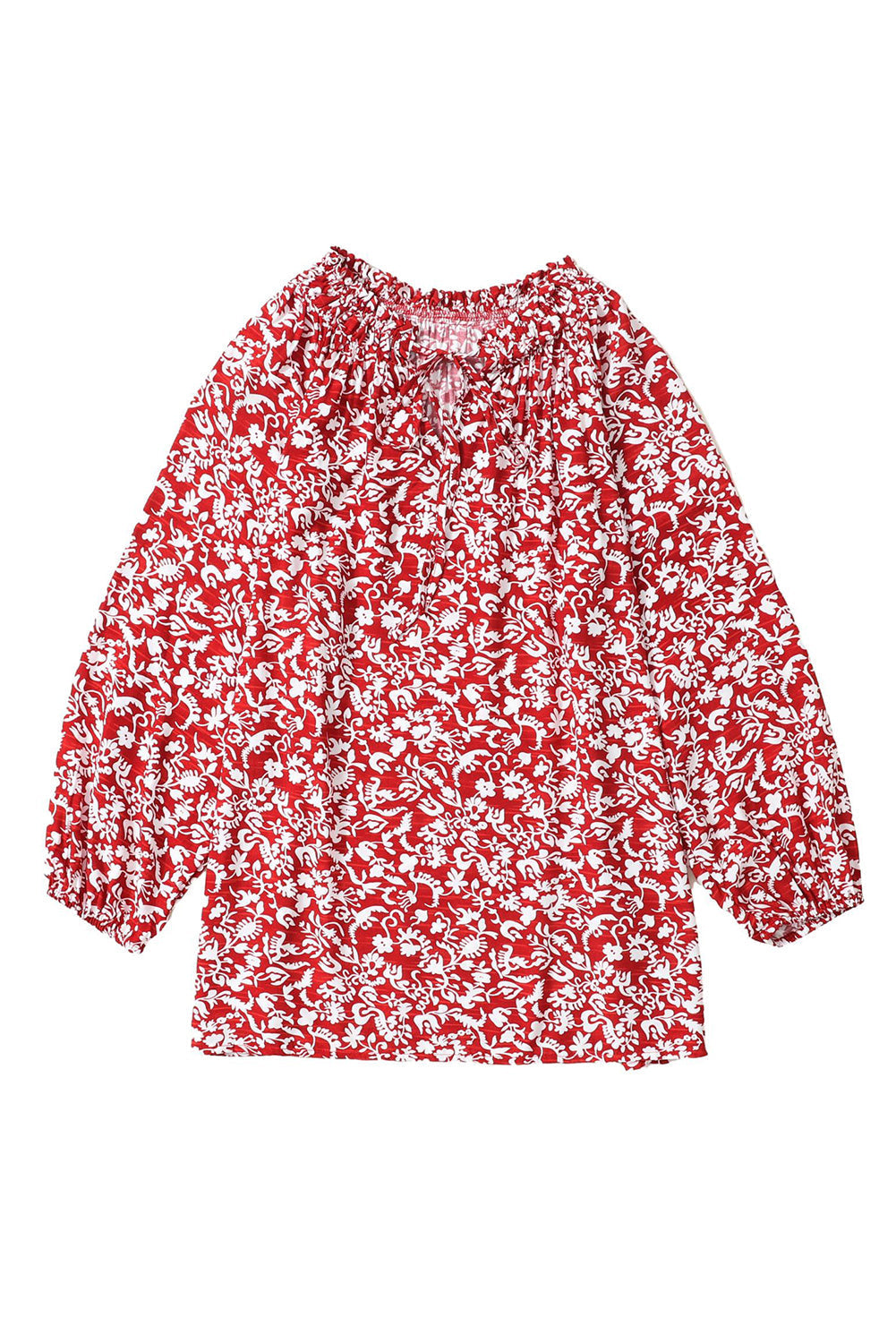 Floral Print Smocked Tie Neck Blouse