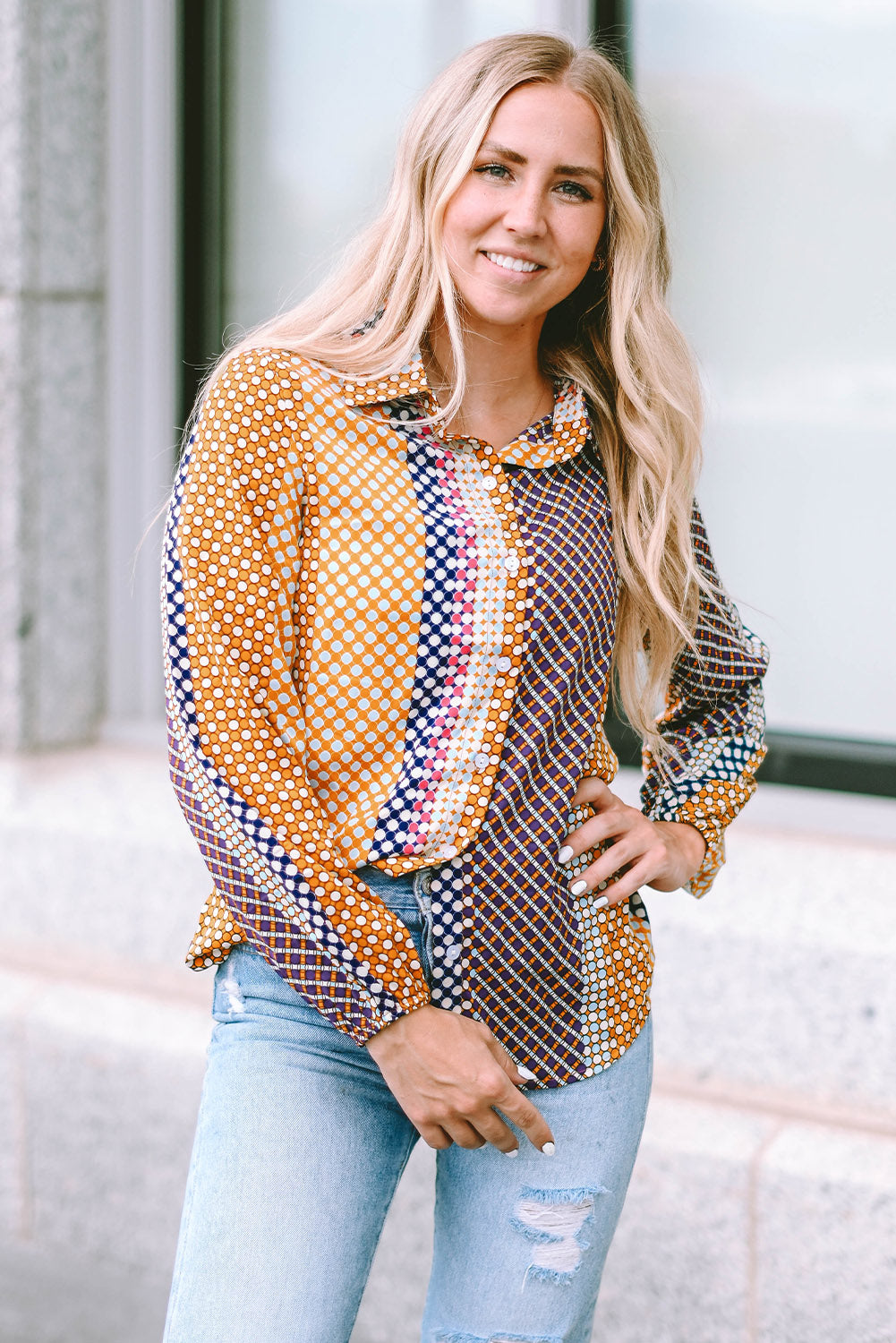 Dot Print Long Sleeve Button Down Shift Shirt