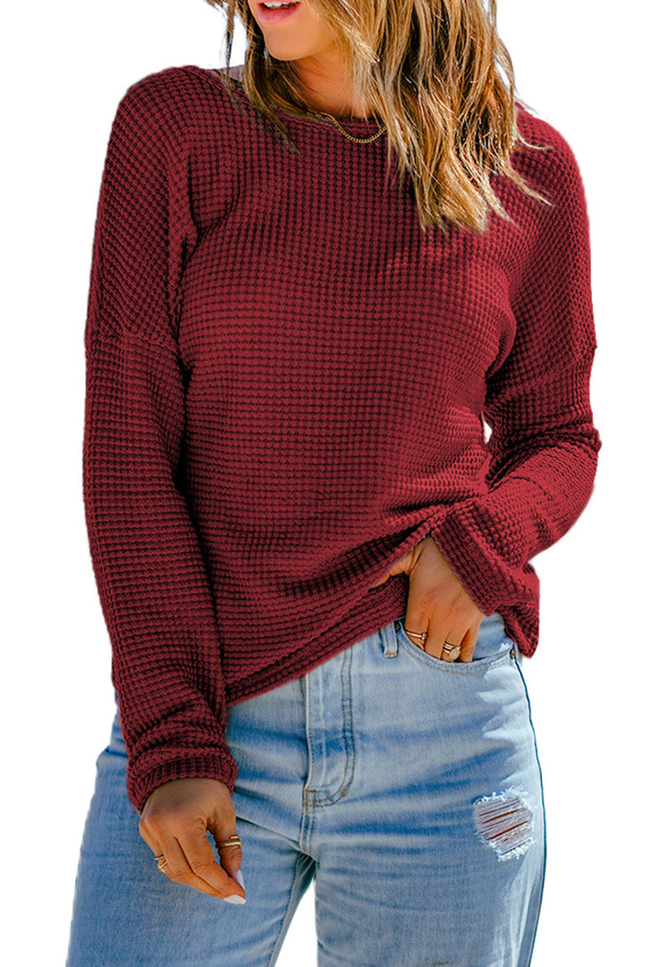 Waffle Knit Drop Shoulder Long Sleeve Top