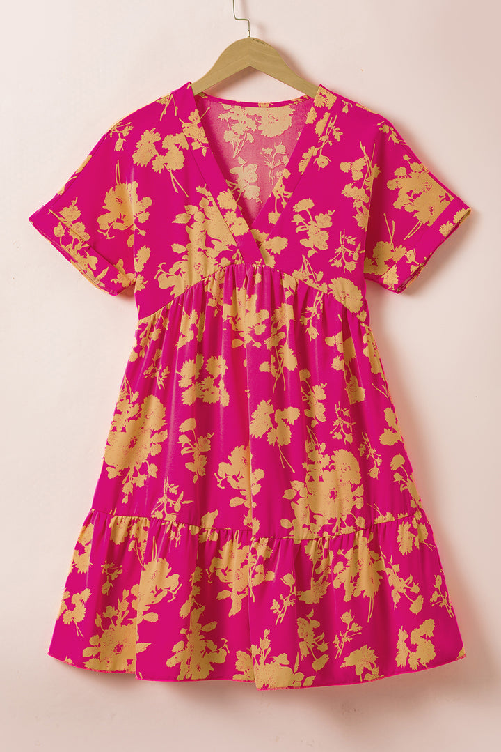 Rose Floral Print Batwing Sleeve Smock Dress