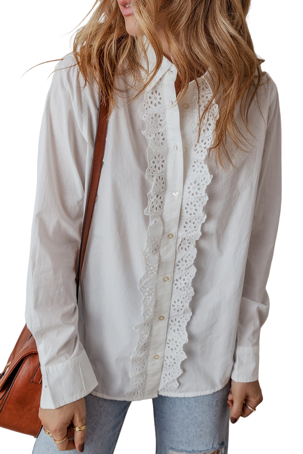 Lace Crochet Trim Turn Down Collar Buttoned Shirt