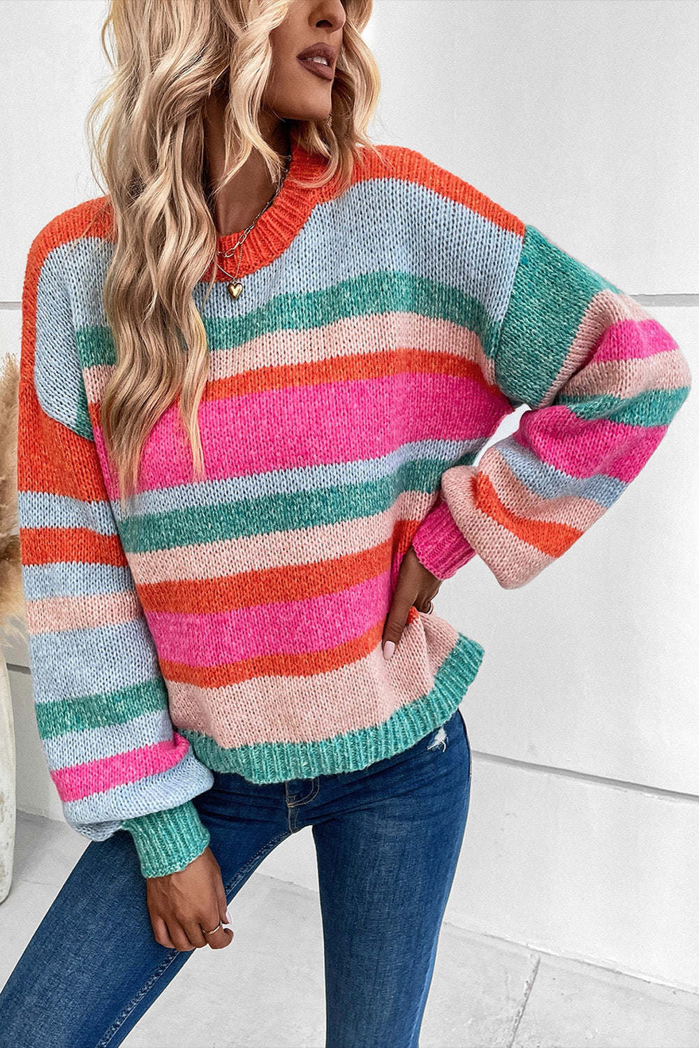 Striped Knit Drop Shoulder Puff Sleeve Sweater