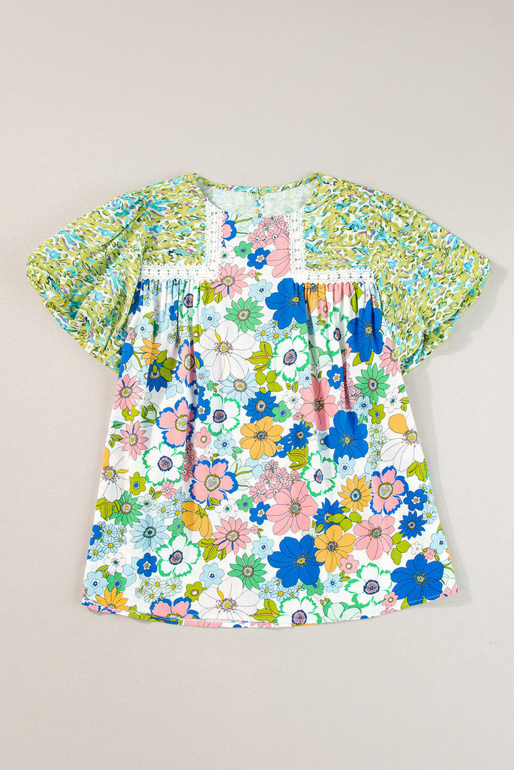 Bubble Sleeve Lace Trim Floral Mixed Print Blouse