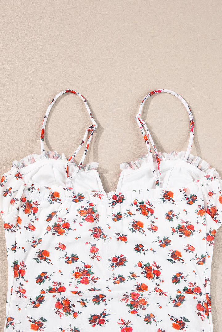 Floral V Cut Frilled Trim Spaghetti Straps Bodysuit