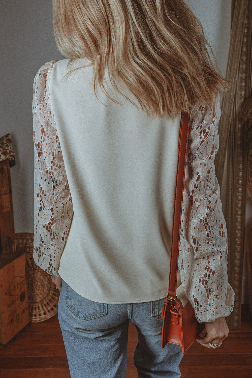 Scalloped V Neckline Lace Hollowed Lantern Sleeve Blouse