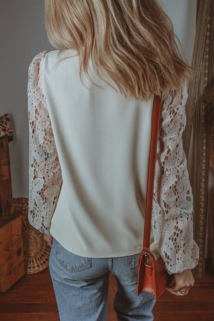 Scalloped V Neckline Lace Hollowed Lantern Sleeve Blouse