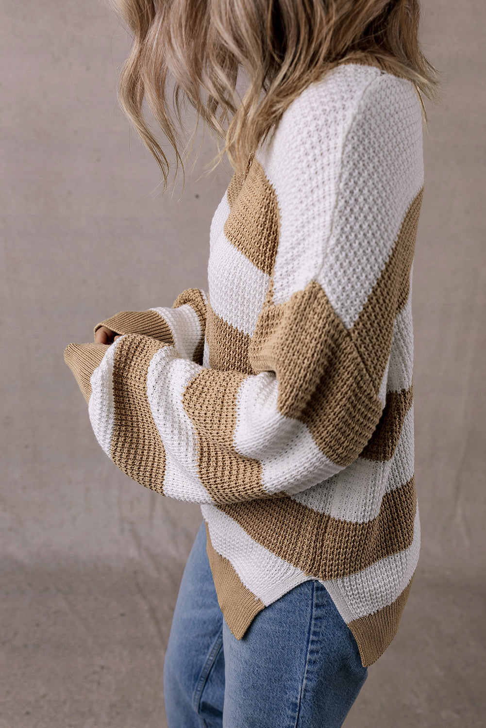 Colorblock Striped Drop Shoulder Side Slit Sweater