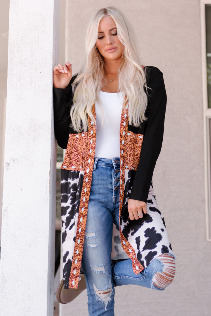 Western Pattern Cow Patchwork Open Front Cardigan