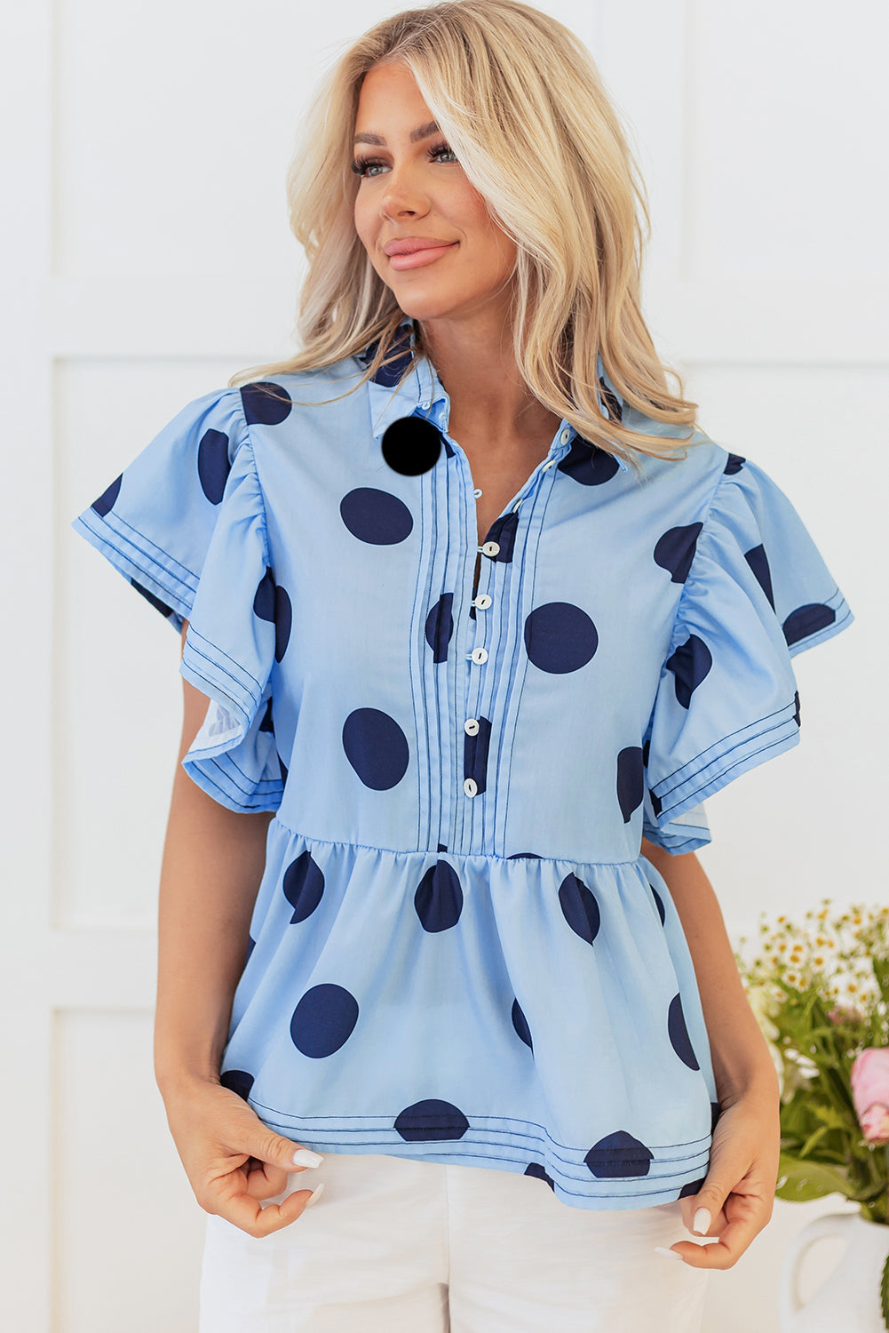 Polka Dot Print Ruffled Short Sleeve Buttoned Collared Blouse