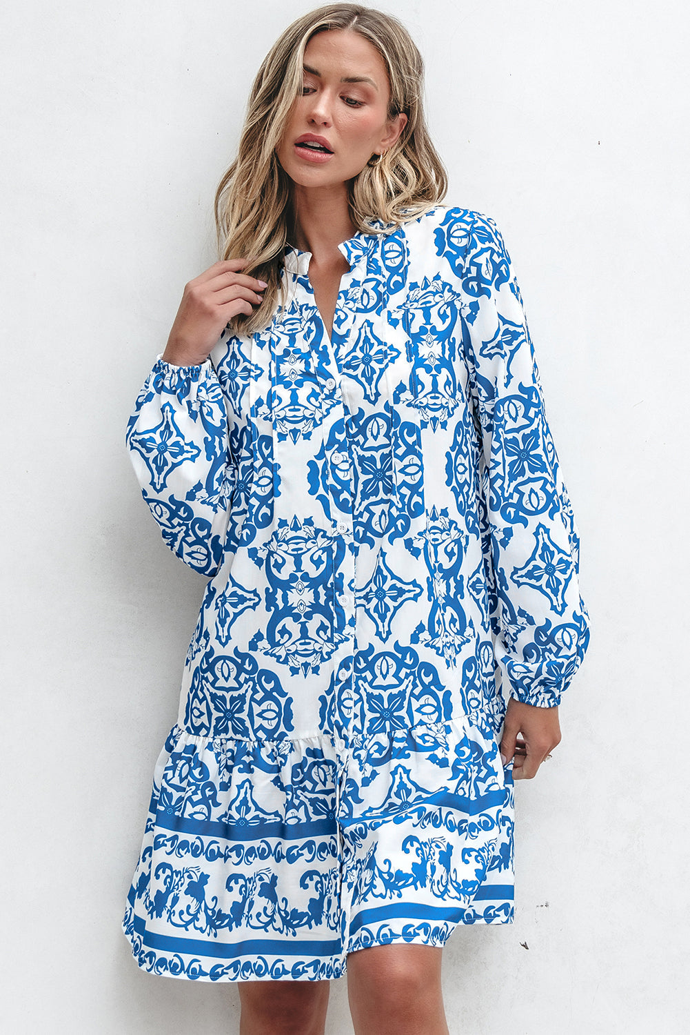 Tribal Print Button Up Notch Neck Loose Mini Dress