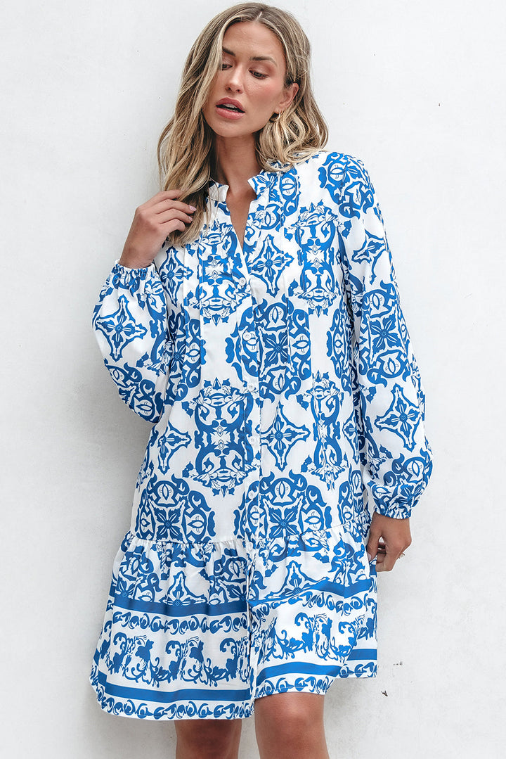 Tribal Print Button Up Notch Neck Loose Mini Dress