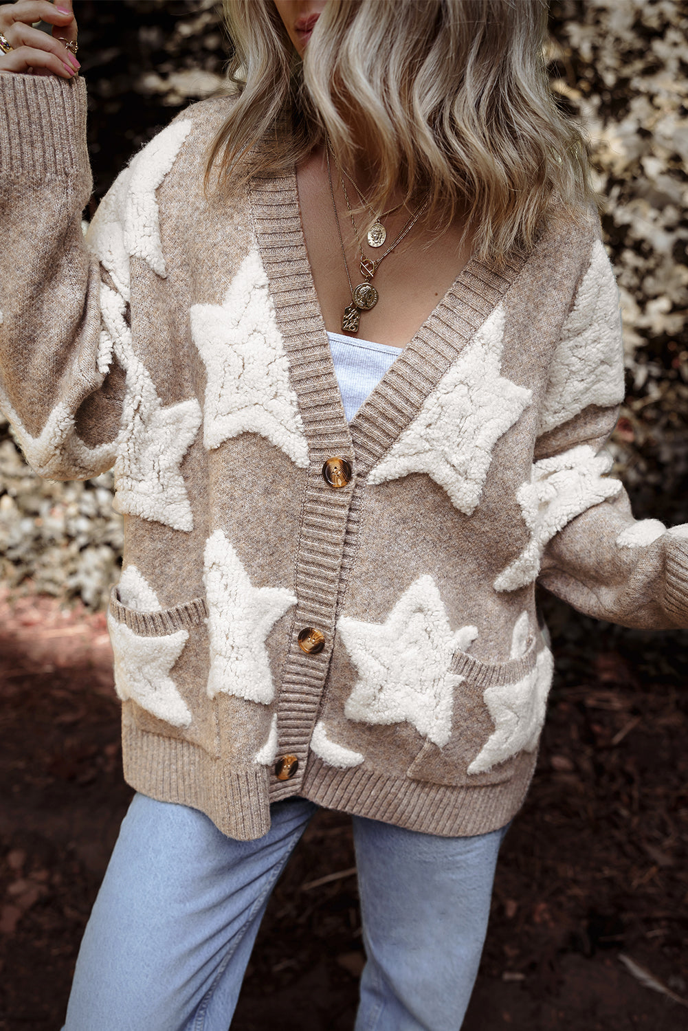 Sherpa Star Pattern Textured Sweater Cardigan with Pockets