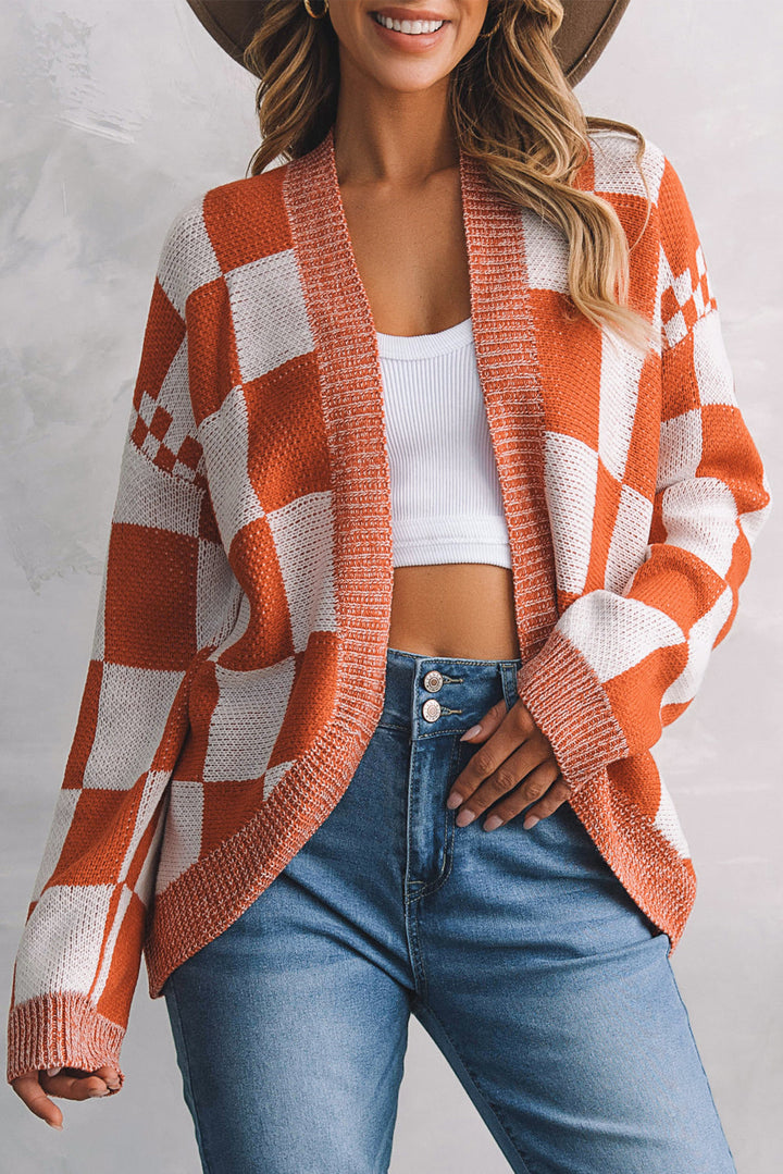 Mix Checkered Open Front Knit Cardigan