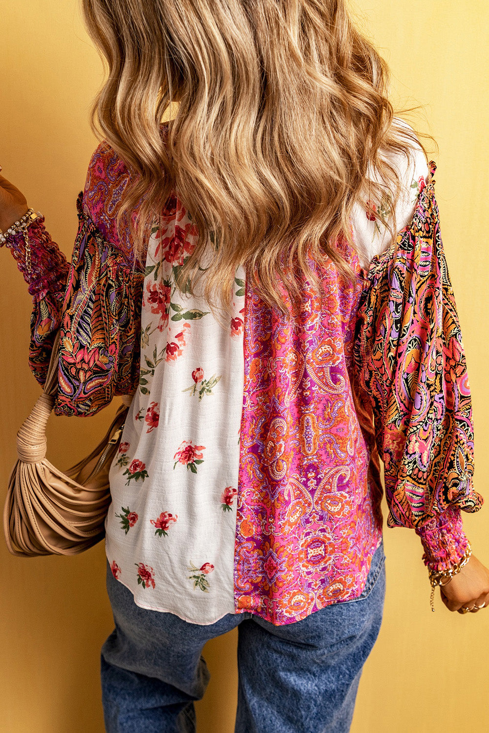 Floral Patchwork Shirred Cuff Buttoned V Neck Blouse