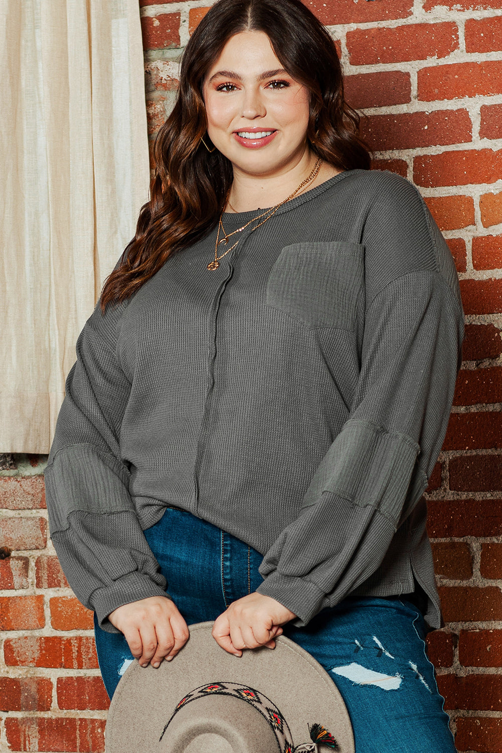 Plus Size Exposed Seam Crinkle Patchwork Top