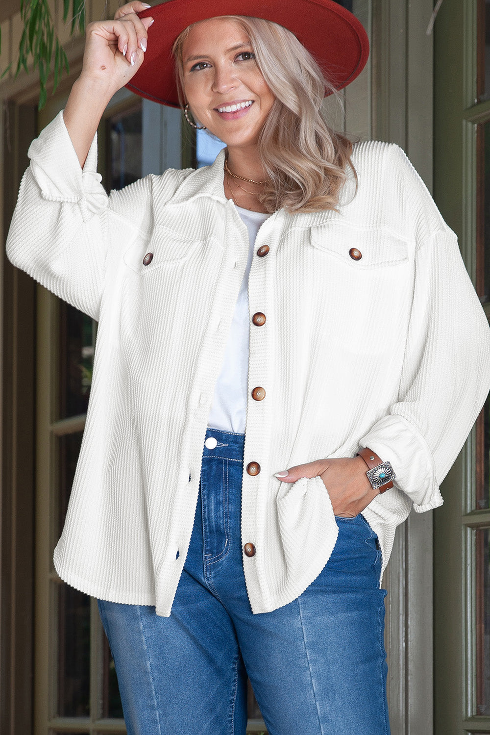 Solid Corded Drop Shoulder Plus Size Shacket