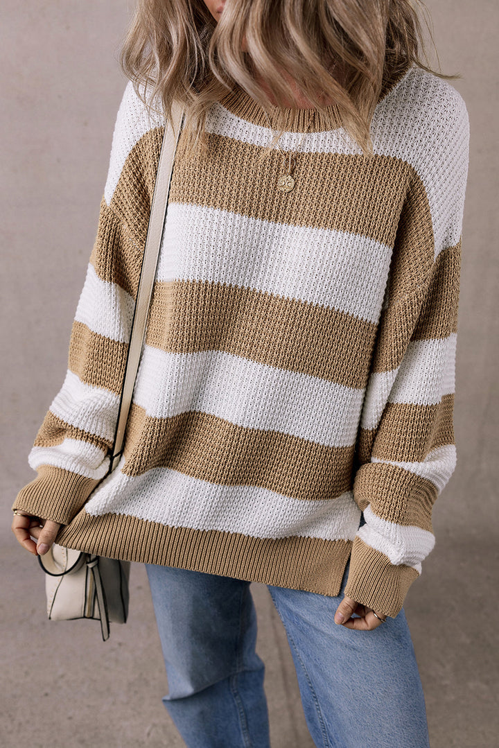 Colorblock Striped Drop Shoulder Side Slit Sweater