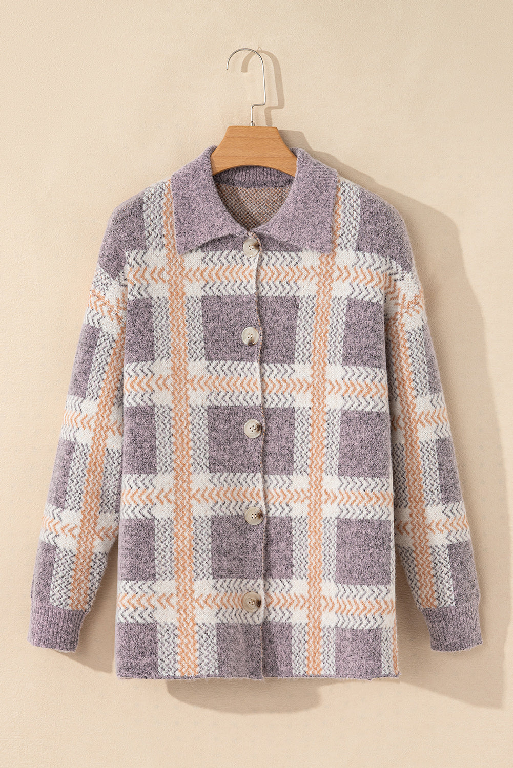 Fuzzy Plaid Collared Button Up Cardigan