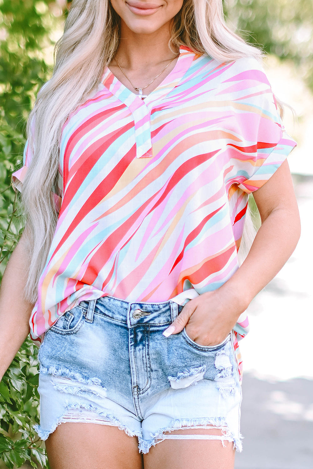 Abstract Print High Low Short Sleeve Blouse