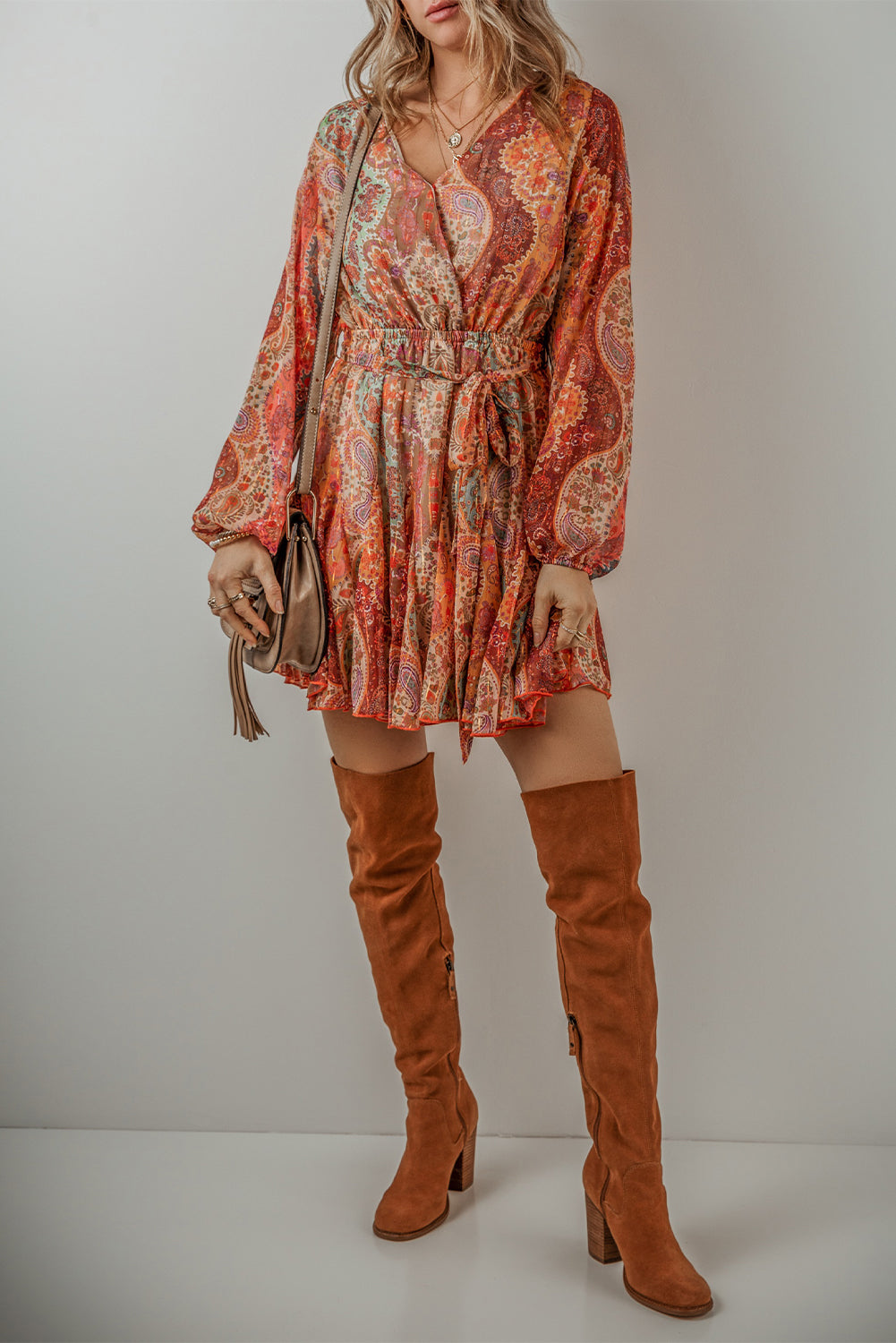 Boho Paisley Print Long Sleeve Pleated Belted Mini Dress