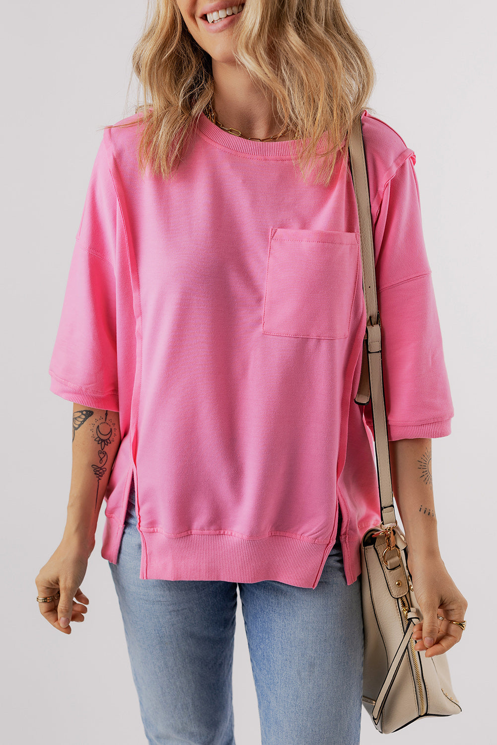 Bonbon Exposed Seam Chest Pocket Split Loose T Shirt