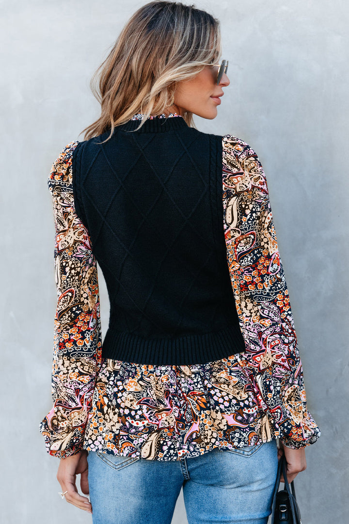 Contrast Floral Sleeve Peplum Sweater