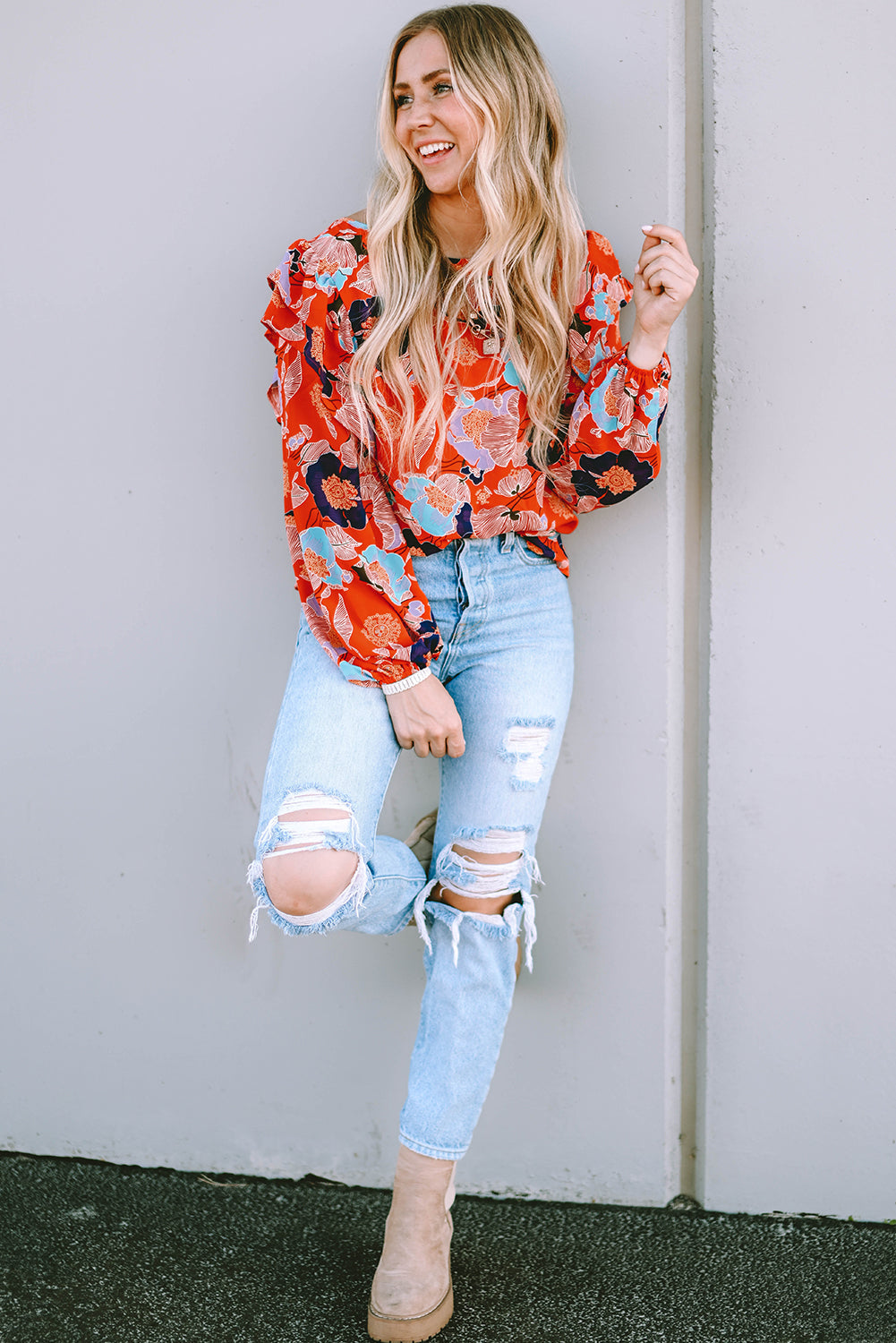 Floral Print Ruffle Puff Sleeve Blouse