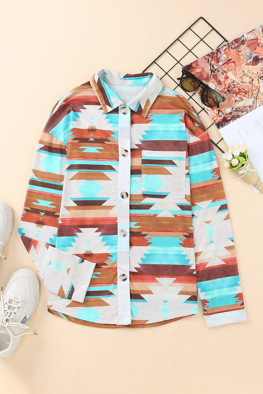 Aztec Print Buttoned Pocket Chest Long Sleeve Shirt