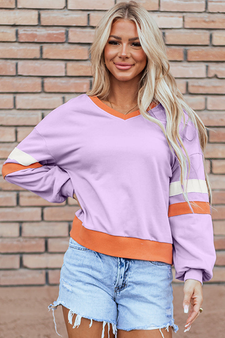 Contrast Rib Knit Patchwork Drop Shoulder V Neck Sweatshirt