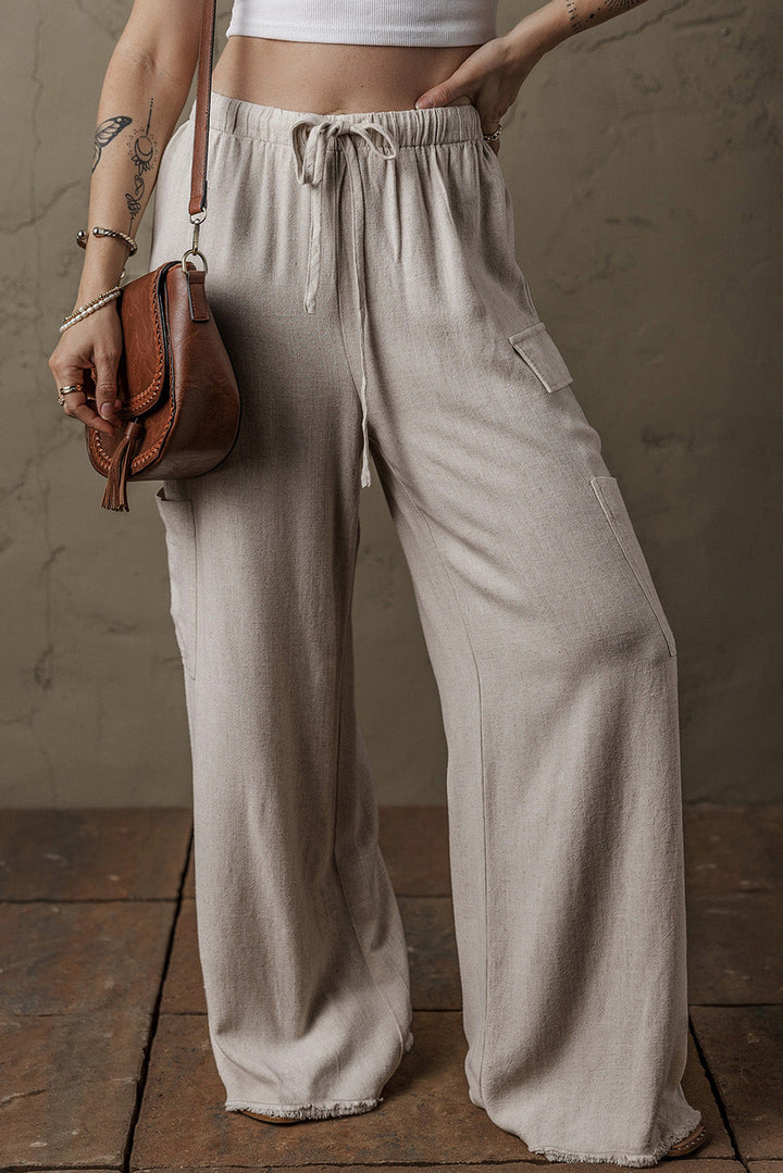 Boho Linen Drawstring Waist Raw Edge Cargo Loose Pants