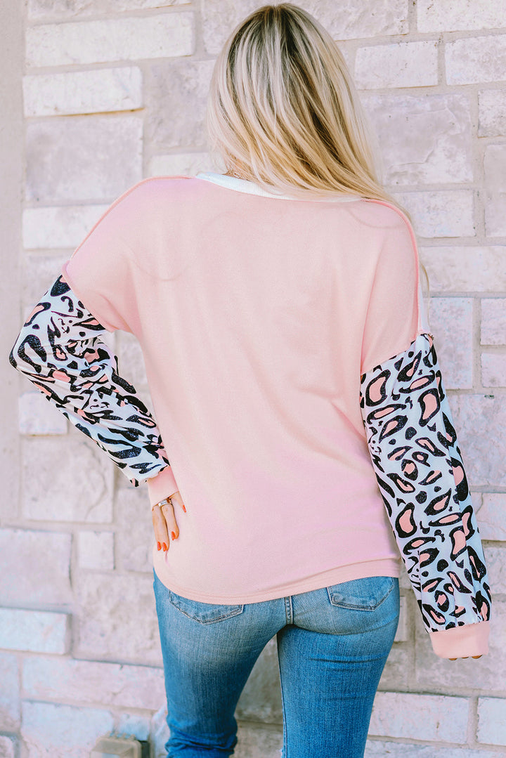 Leopard Sleeve Patchwork Waffle Knit Top