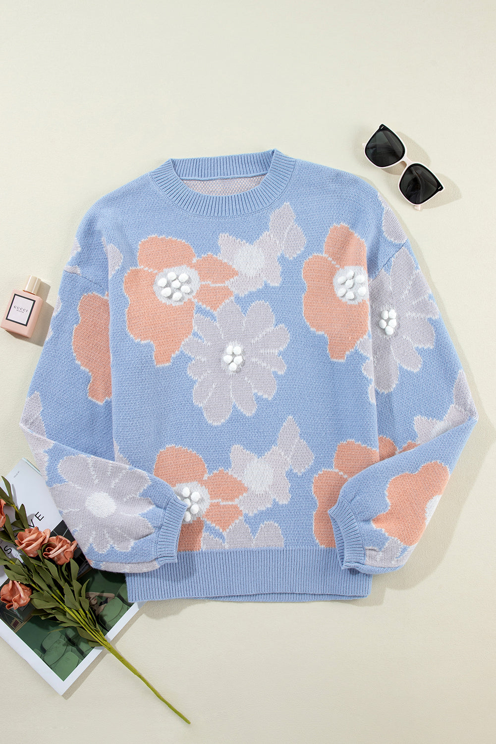 Floral O Neck Drop Shoulder Knitted Sweater