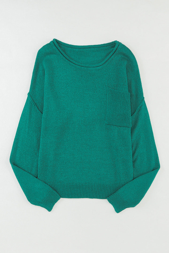 Solid Color Off Shoulder Rib Knit Sweater with Pocket