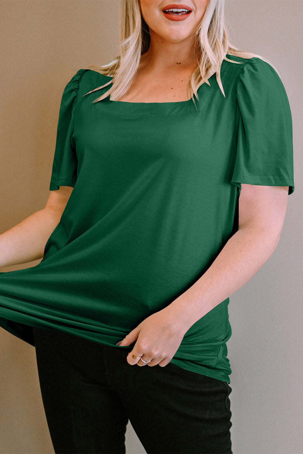 Plus Size Square Neck Ruched Shoulder Short Sleeve Top