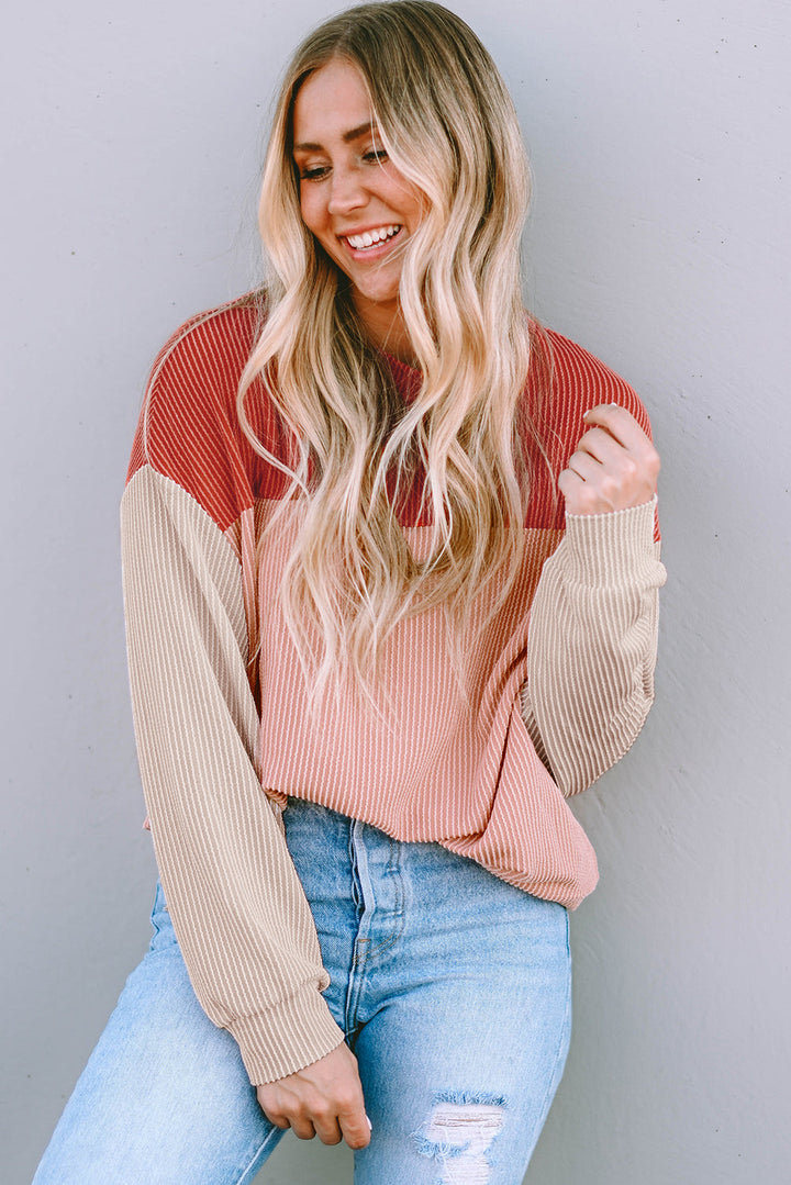 Color Block Long Sleeve Ribbed Loose Top