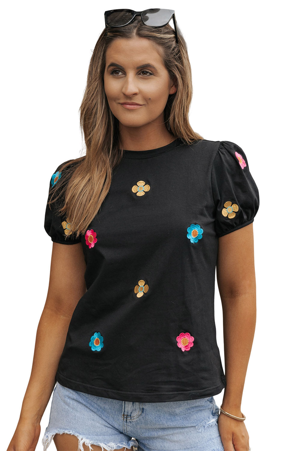 Black Embroidered Flower Short Puff Sleeve Tee