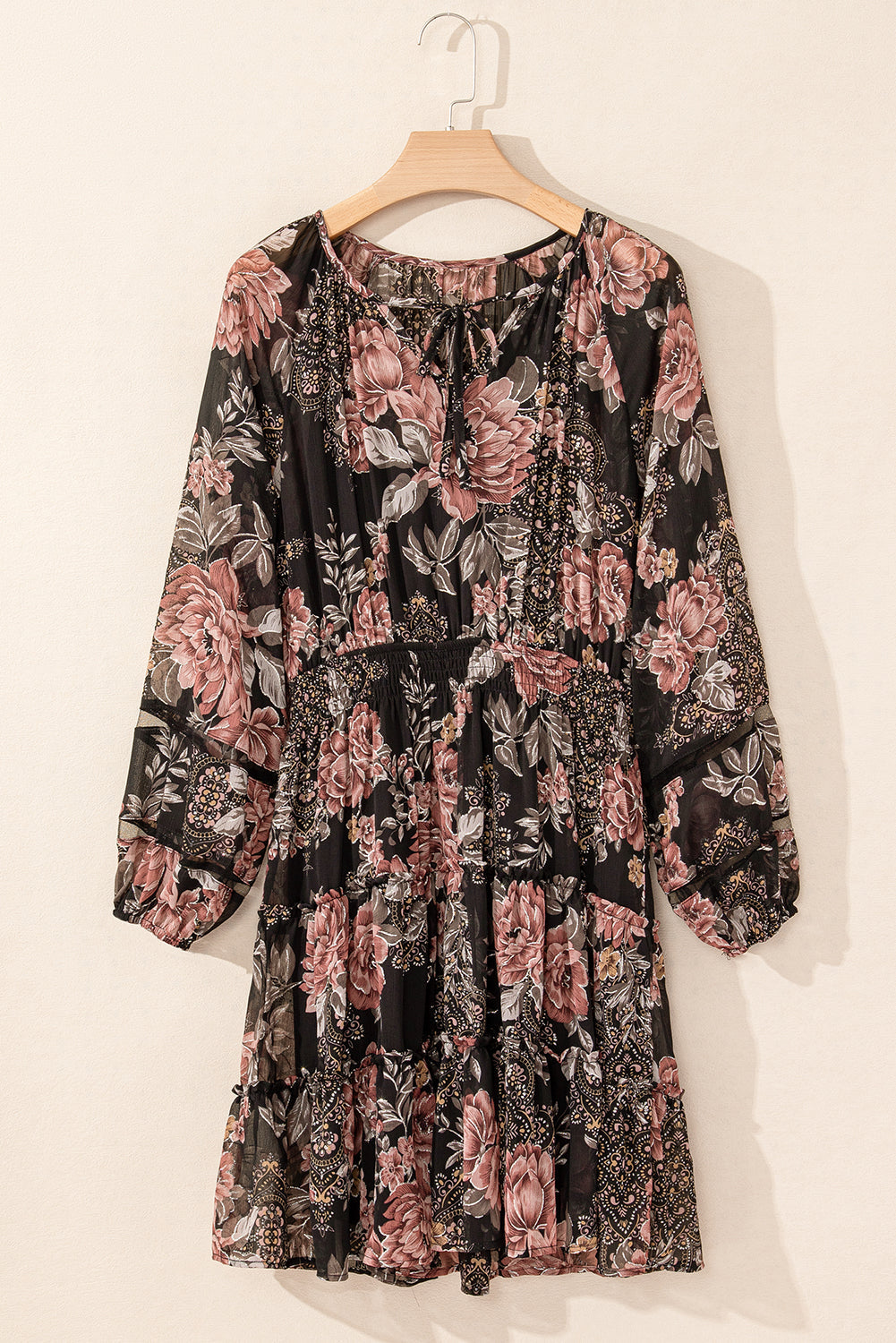 Vintage Floral Puff Sleeve V Neck Smock Waist Dress