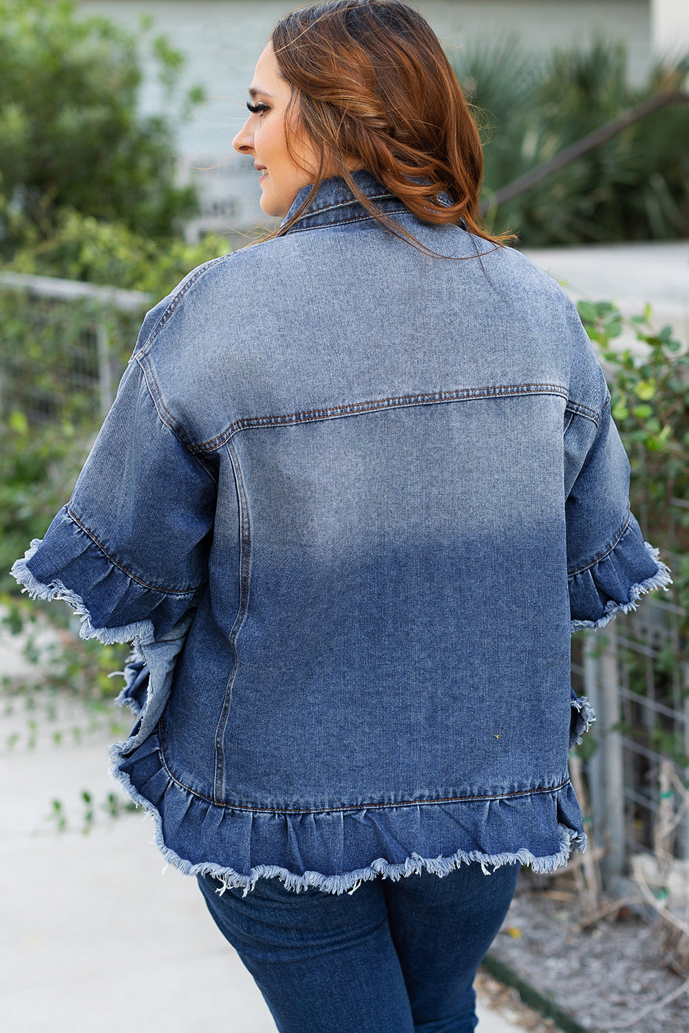 Ruffled Frayed Short Sleeve Plus Size Denim Jacket