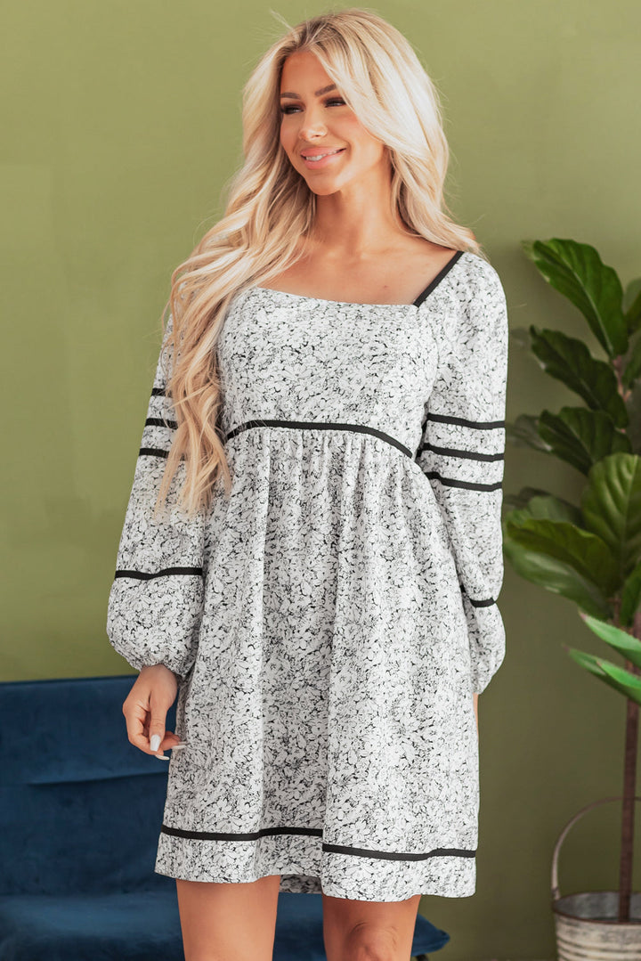 Floral Print Open Back Balloon Sleeve Square Neck Mini Dress