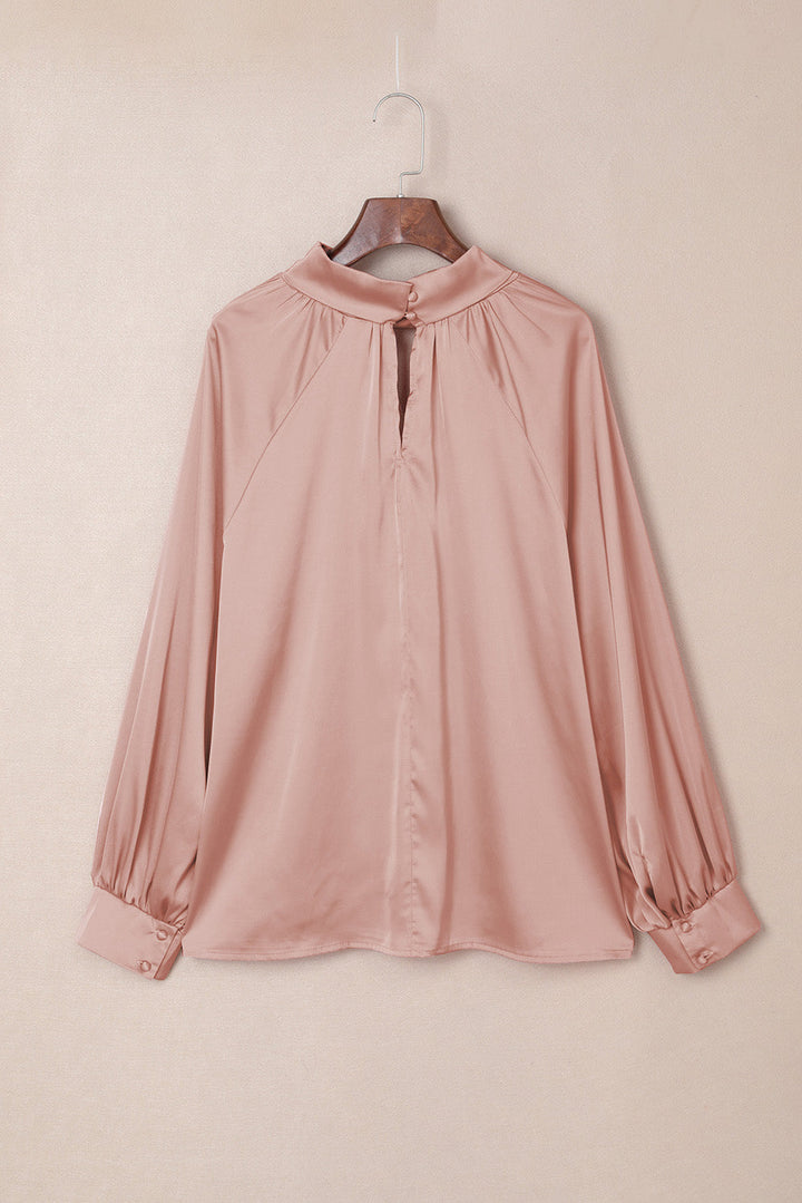 Twist High Neck Puff Sleeve Satin Blouse