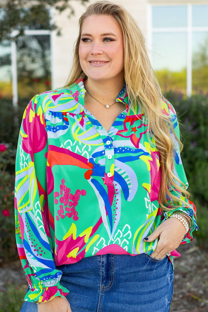 Abstract Printed Flounce Sleeve V Neck Buttoned Plus Size Blouse